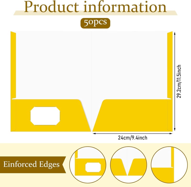 Jutom 50 Pcs 2 Pocket Glossy Paper Folders Glossy Paper Laminated Portfolios, Letter Size, Presentation Folders with Pockets for Office Teacher Worker Supplies(Yellow Color) - Image 2